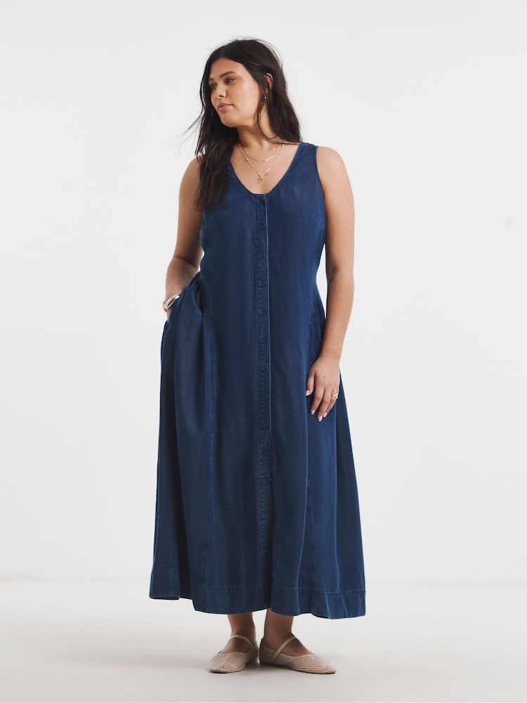 Simply Be Sleeveless Lightweight Denim Button Through Midi Dress - Imagen 1 de 4