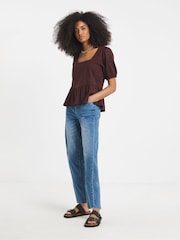 Simply Be Brown Stretch Broderie Square Neck Peplum Top - Image 1 of 4