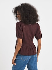 Simply Be Brown Stretch Broderie Square Neck Peplum Top - Image 2 of 4