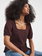 Simply Be Brown Stretch Broderie Square Neck Peplum Top - Image 3 of 4