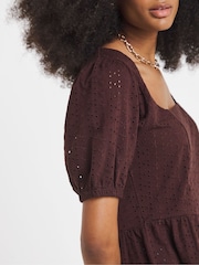 Simply Be Brown Stretch Broderie Square Neck Peplum Top - Image 4 of 4