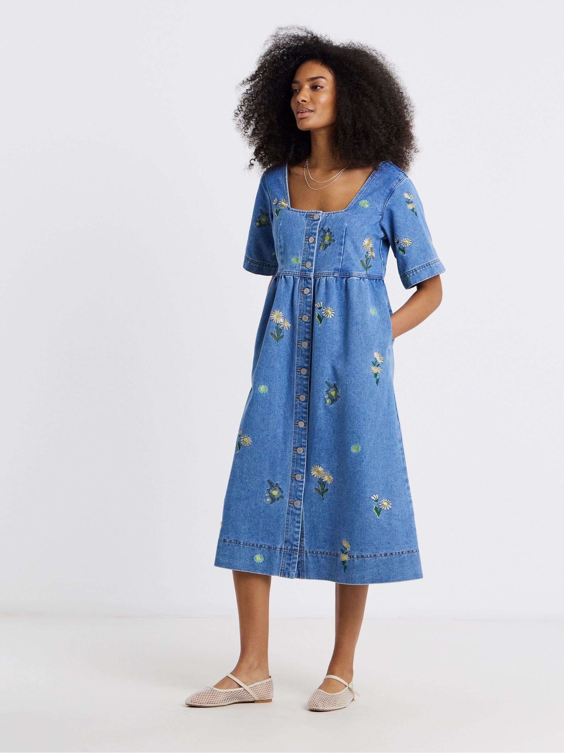 Buy Simply Be Blue Light Wash Daisy Embroidered Denim Midaxi Dress