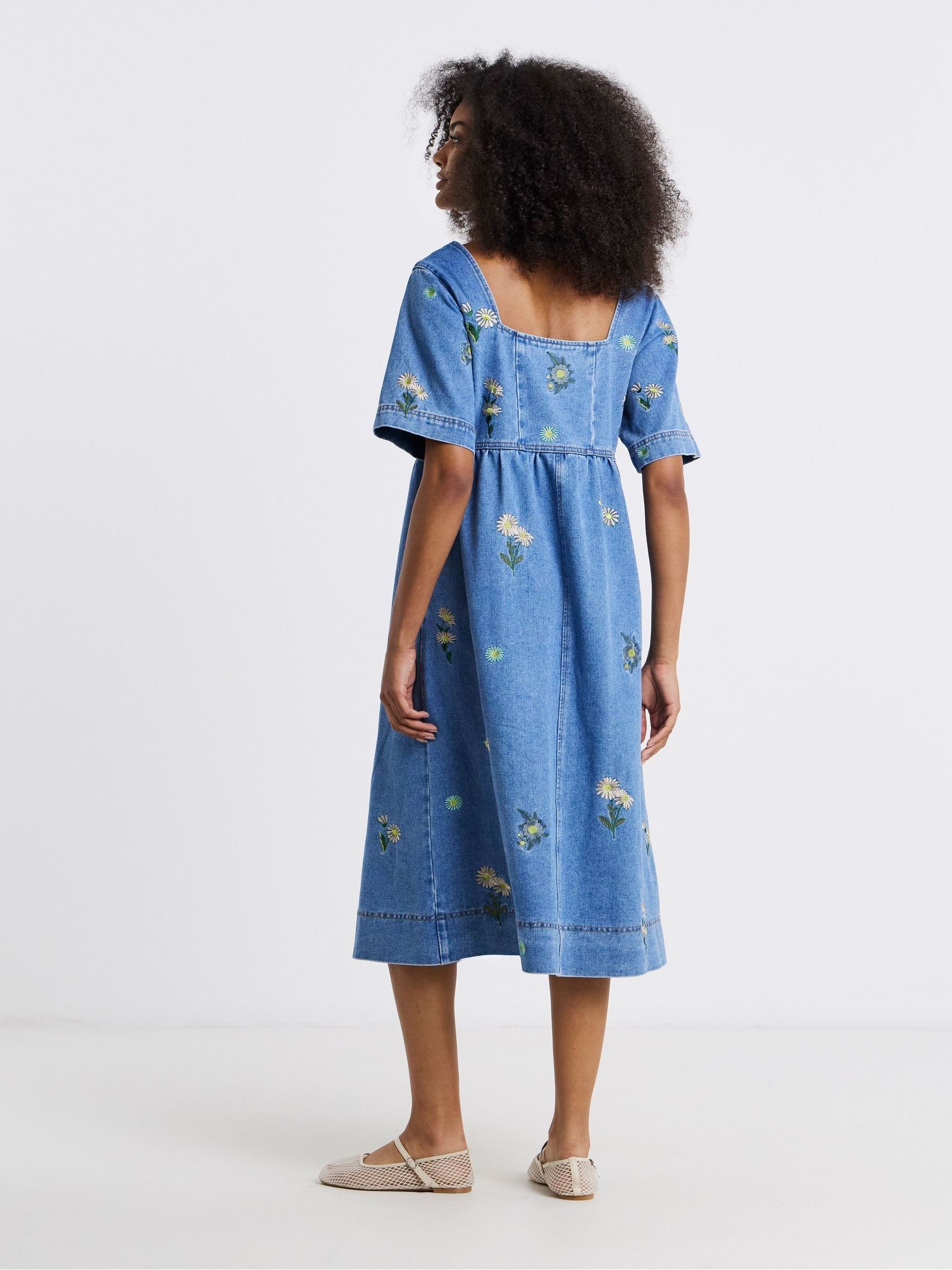 Buy Simply Be Blue Light Wash Daisy Embroidered Denim Midaxi Dress