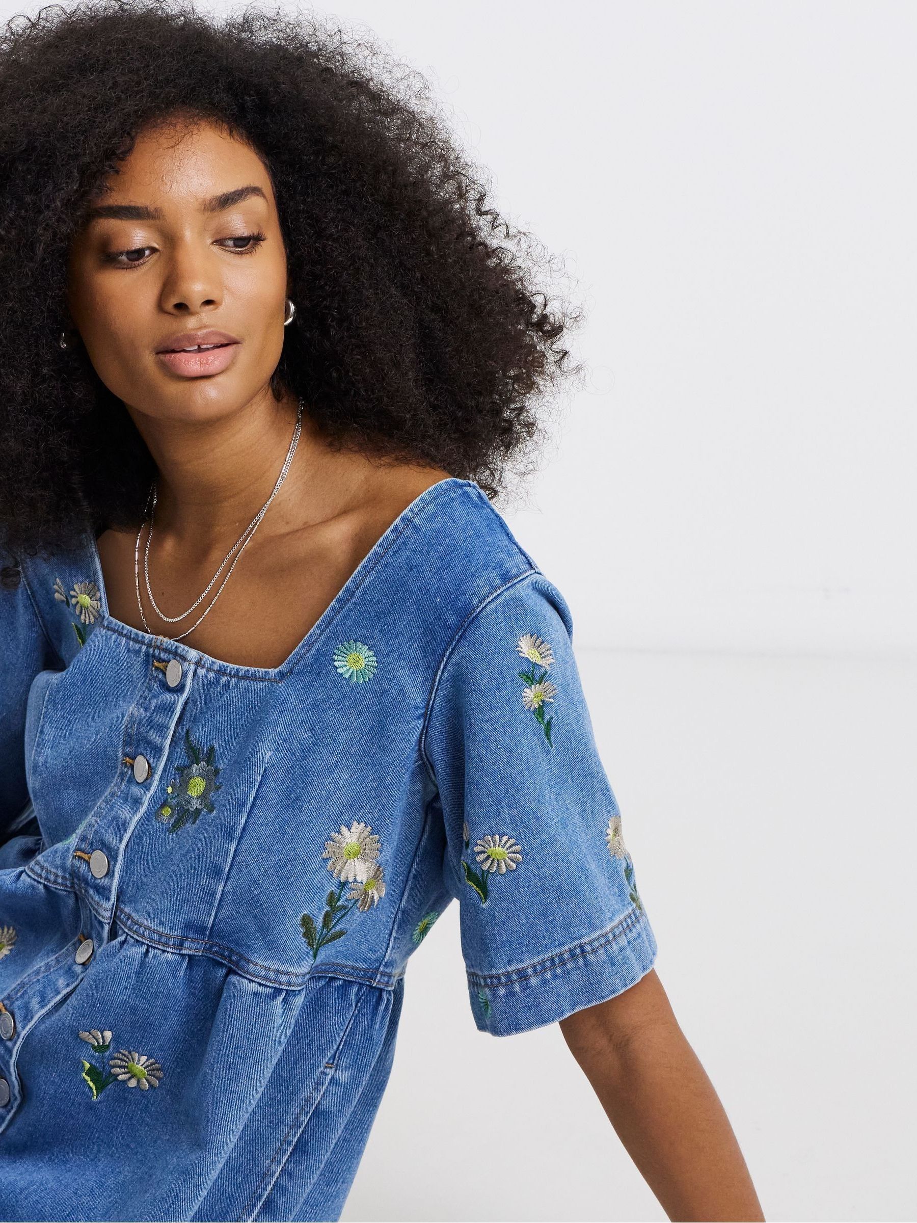 Buy Simply Be Blue Light Wash Daisy Embroidered Denim Midaxi Dress