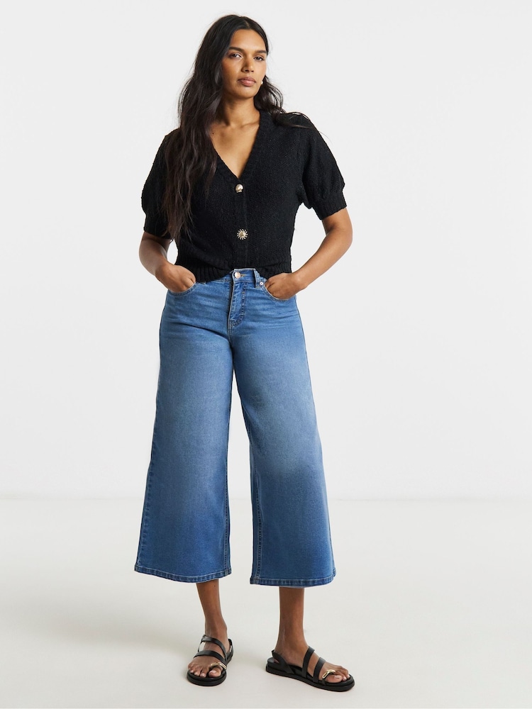 Simply Be Black Puff Sleeve Starfish Button Cardigan - Image 1 of 4