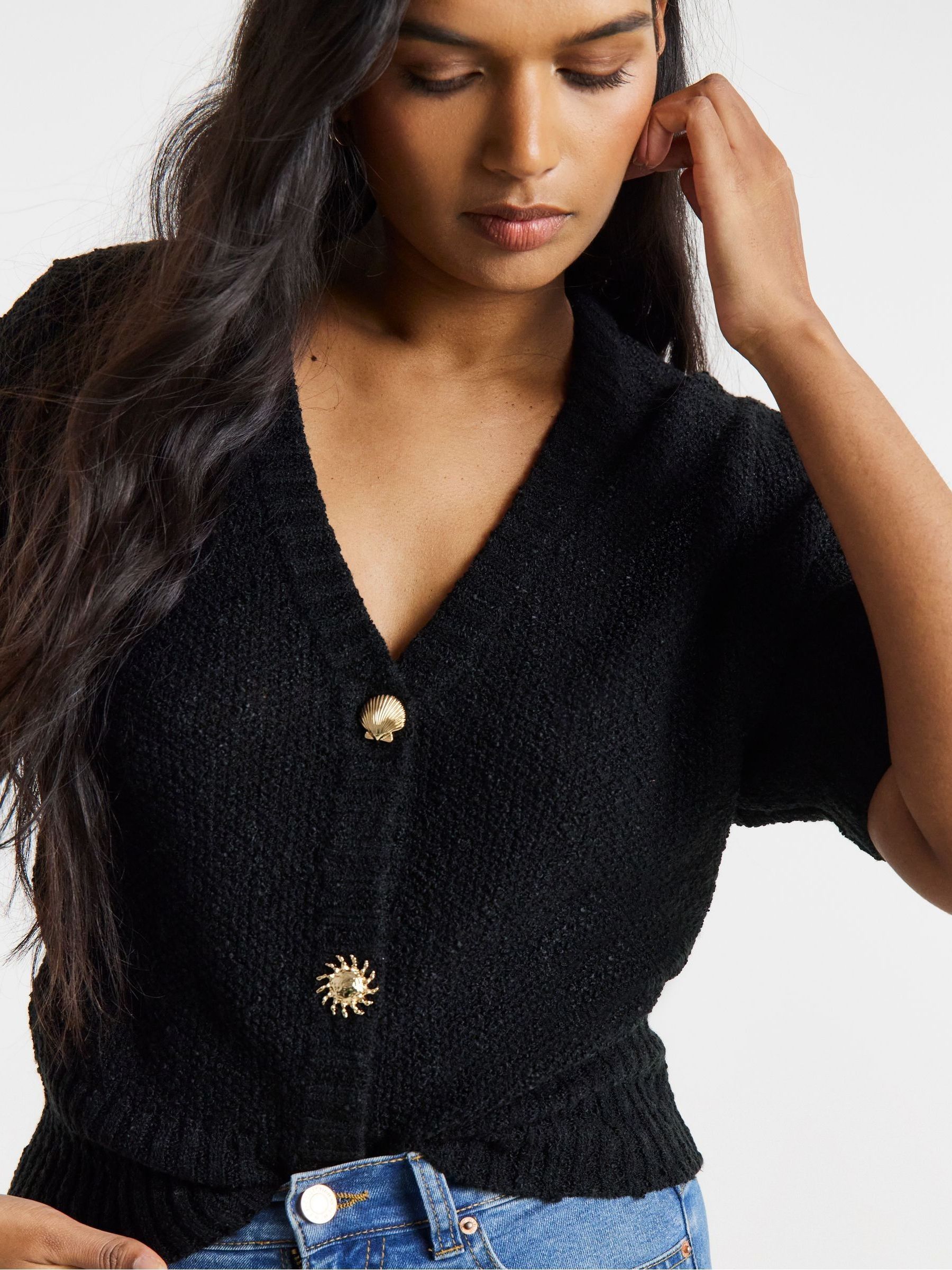 Buy Simply Be Black Puff Sleeve Starfish Button Cardigan from the
