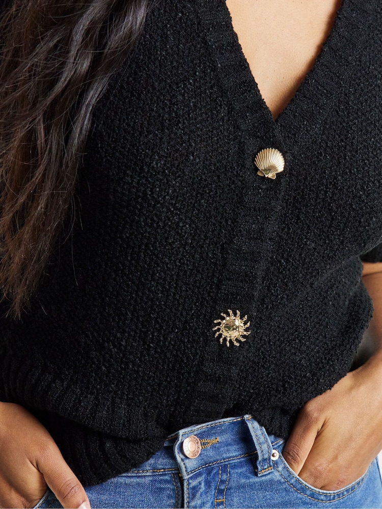 Simply Be Black Puff Sleeve Starfish Button Cardigan - Image 4 of 4