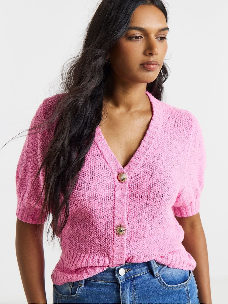 Simply Be Pink Puff Sleeve Starfish Button Cardigan - Image 1 of 4