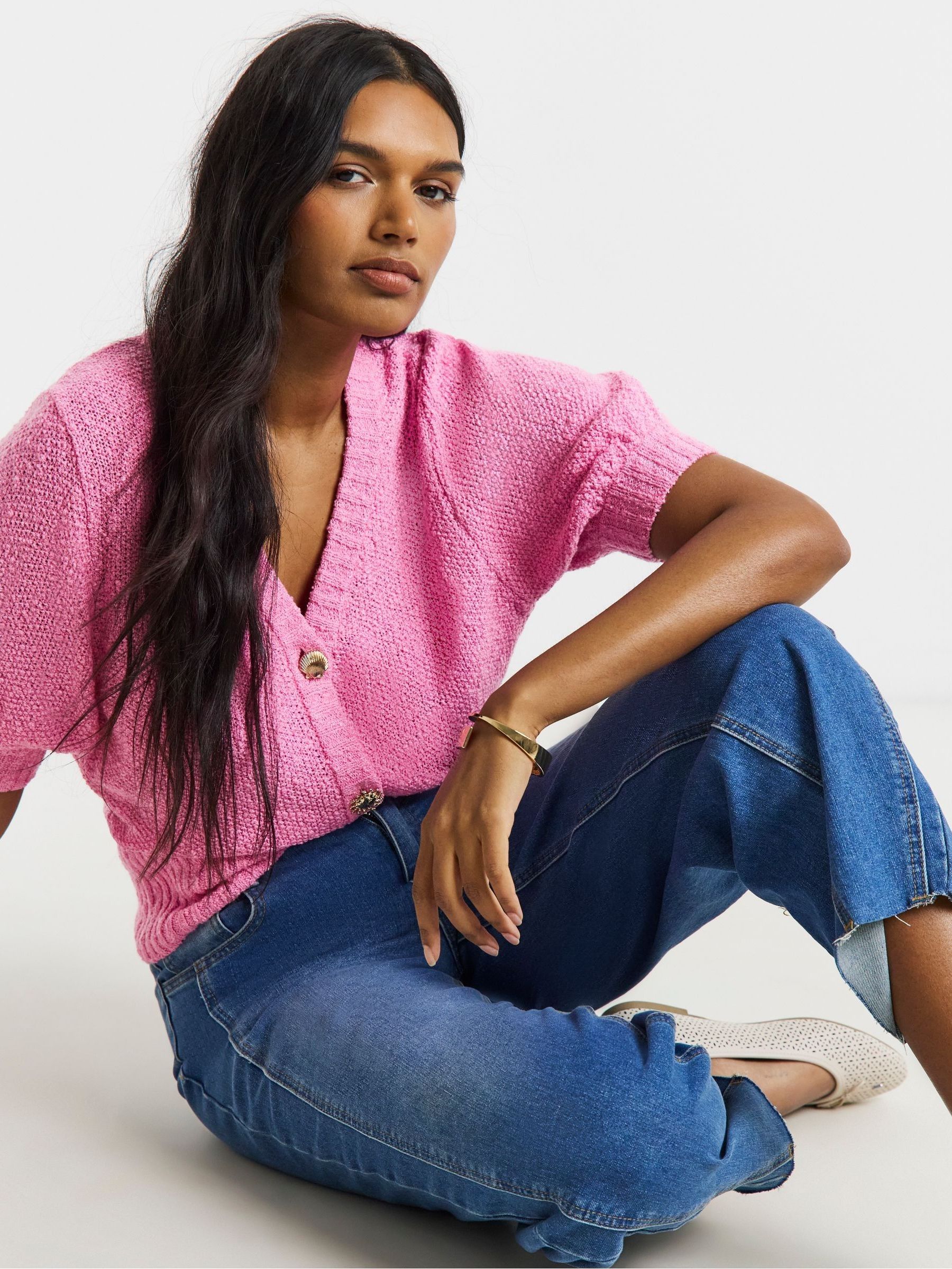 Buy Simply Be Pink Puff Sleeve Starfish Button Cardigan from the