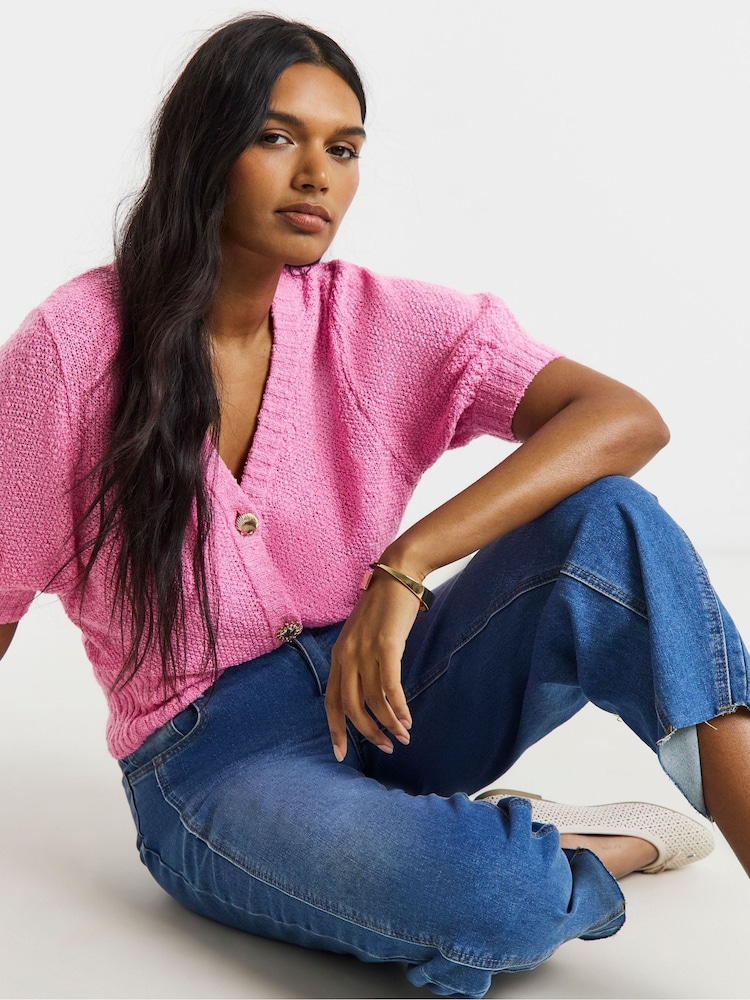 Simply Be Pink Puff Sleeve Starfish Button Cardigan - Image 4 of 4