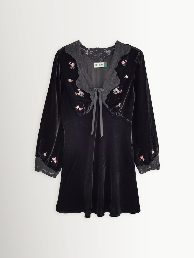 Rixo Black Carolina Velvet Mini Dress with Embroidery - Image 1 of 1