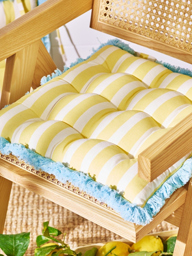 Oliver Bonas Yellow Striped Fringed Seat Pad - Image 1 of 4