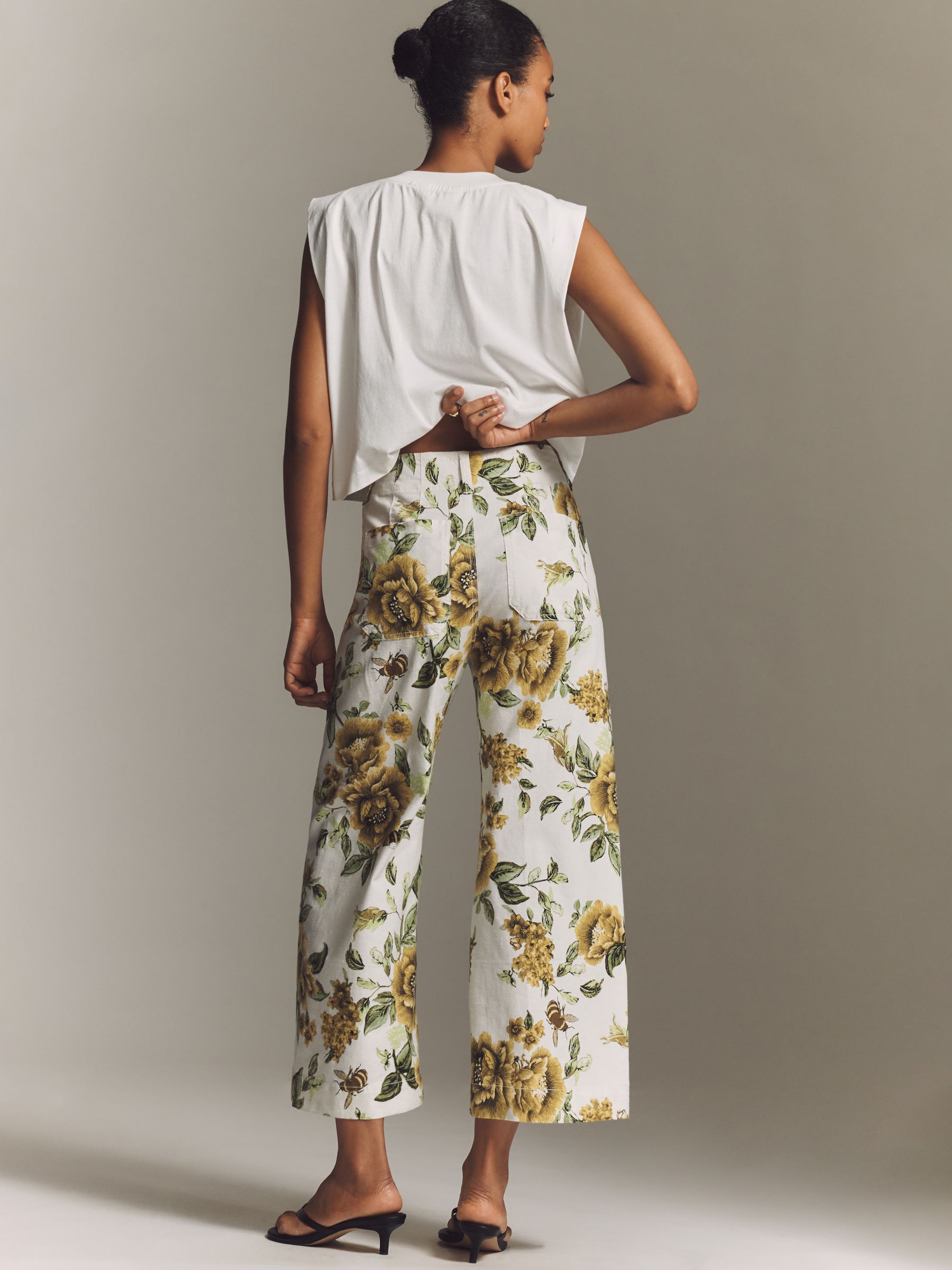 Buy Anthropologie Cream Floral Maeve The Colette Cropped Wide-Leg