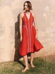 Anthropologie Red Halter V-Neck Fit & Flare Midi Dress - Image 1 of 4