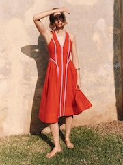 Anthropologie Red Halter V-Neck Fit & Flare Midi Dress - Image 4 of 4
