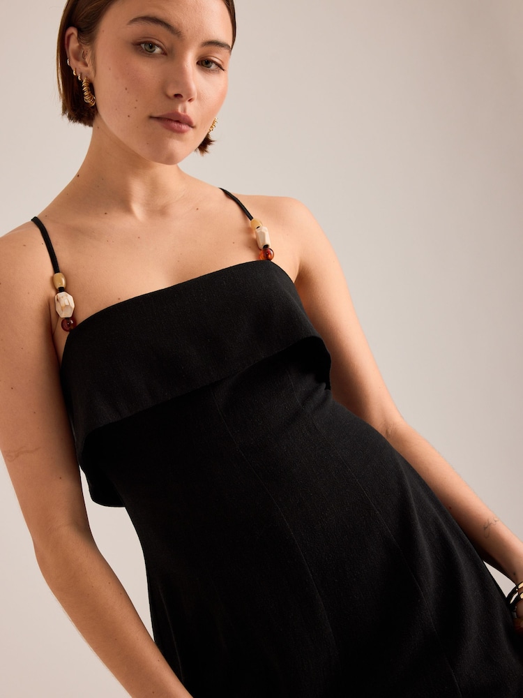 Lia Linen-Blend Beaded Strap Midi Dress for Women in Black, Linen/Viscose, Size 12 by Anthropologie