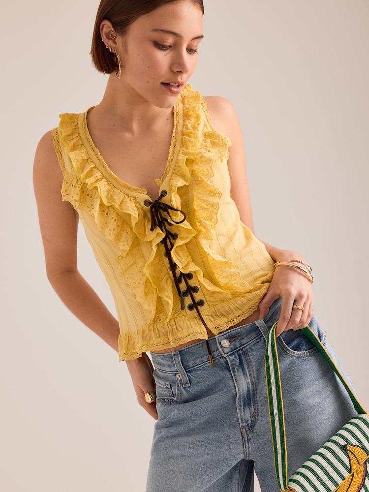 Anthropologie Yellow Pilcro Eyelet Ruffle Tank Top - Image 4 of 4 Anthropologie Yellow Pilcro Eyelet Ruffle Tank Top - Image 4 of 4