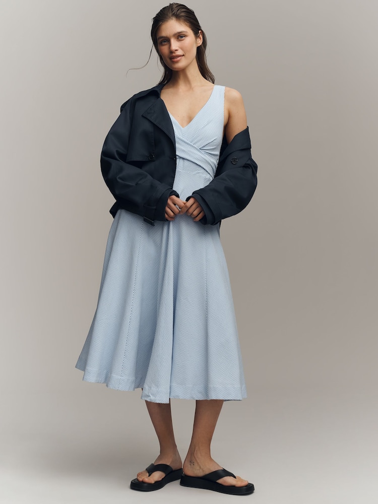 Anthropologie Blue Maeve Sleeveless V-Neck Stripe Seersucker Midi Dress - Image 1 of 3