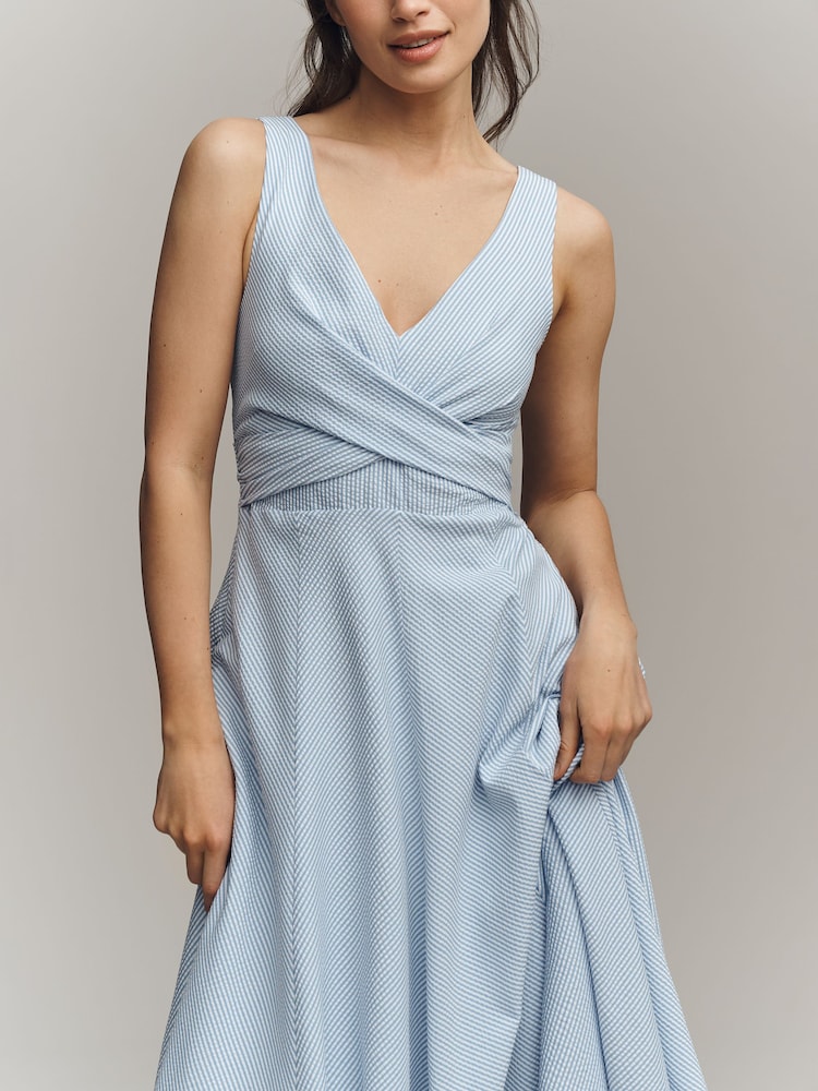 Anthropologie Blue Maeve Sleeveless V-Neck Stripe Seersucker Midi Dress - Image 2 of 3