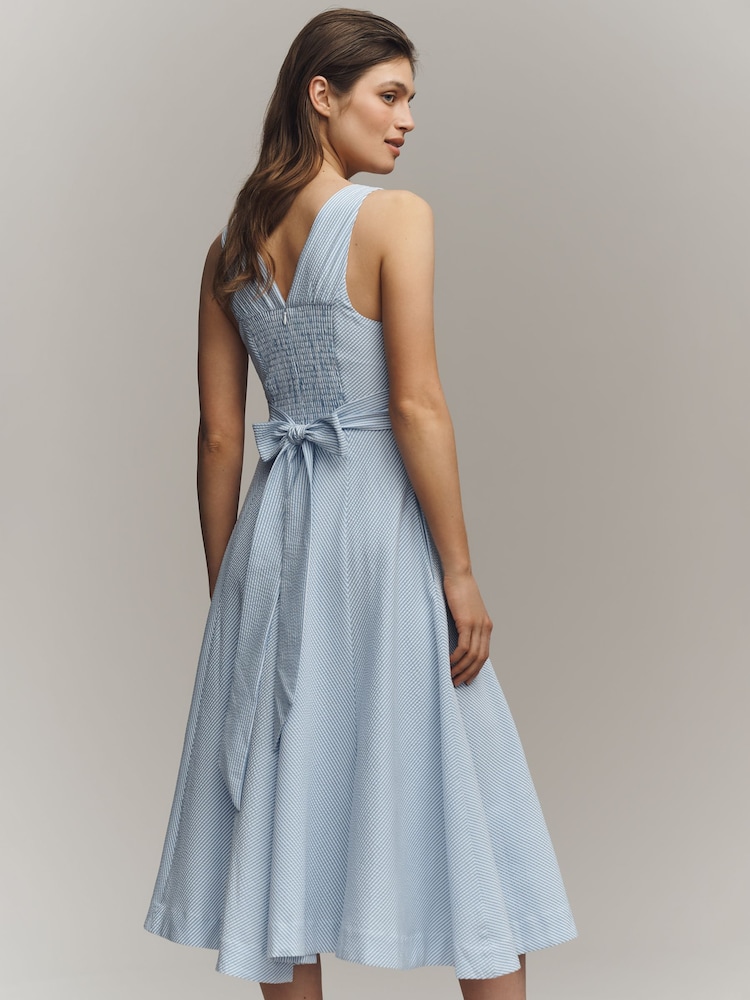 Anthropologie Blue Maeve Sleeveless V-Neck Stripe Seersucker Midi Dress - Image 3 of 3