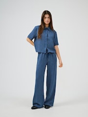 JDY Blue Pinstripe Wide Leg Trousers - Image 1 of 6