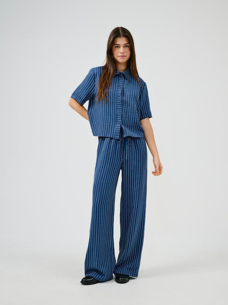 JDY Blue Pinstripe Wide Leg Trousers - Image 1 of 6
