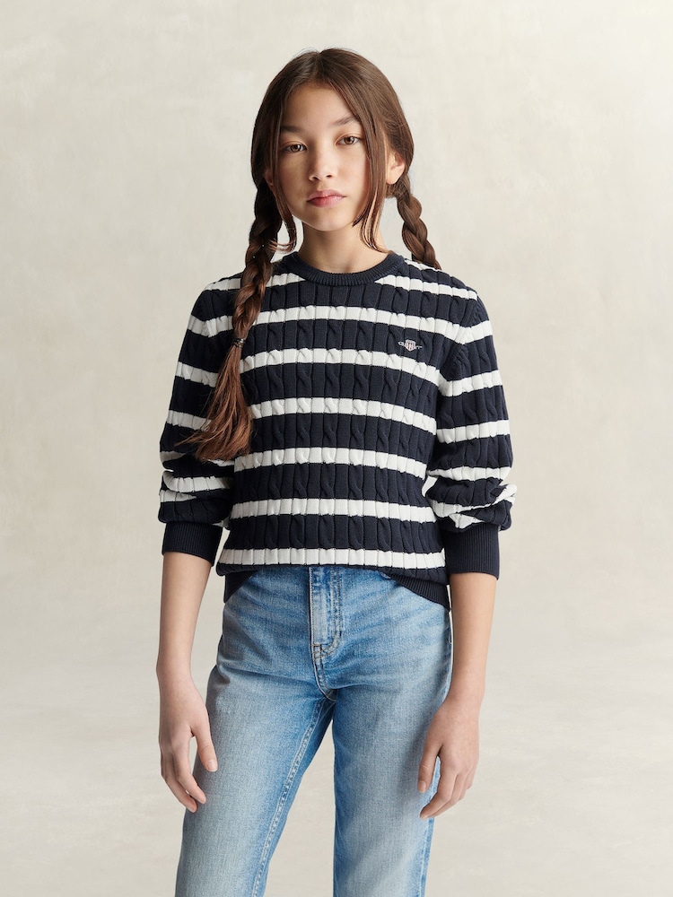 GANT Blue Shield Cable Knit Striped Jumper - Image 1 of 4 GANT Blue Shield Cable Knit Striped Jumper - Image 1 of 4