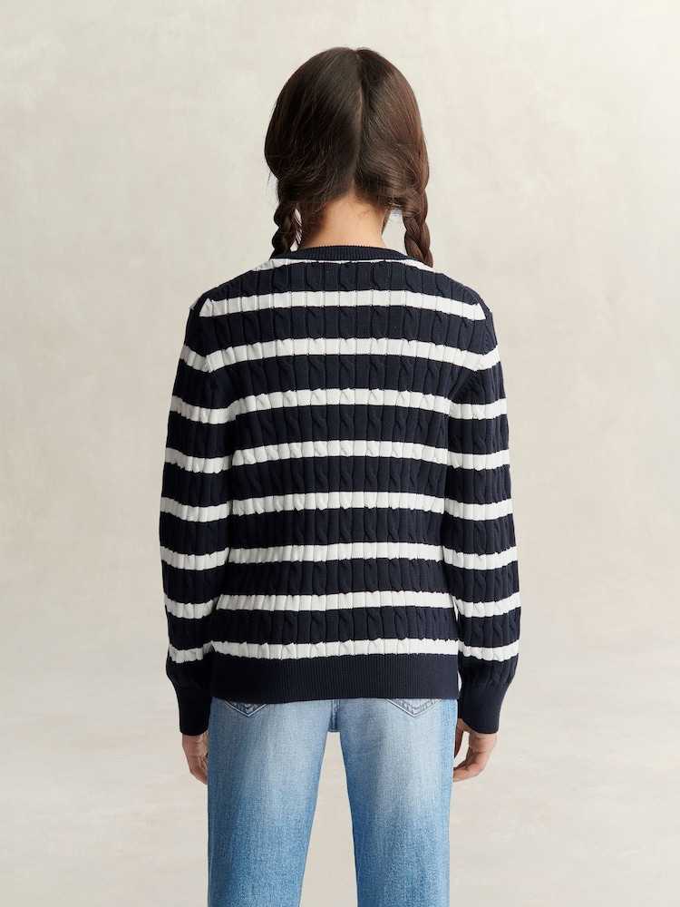 GANT Blue Shield Cable Knit Striped Jumper - Image 2 of 4 GANT Blue Shield Cable Knit Striped Jumper - Image 2 of 4