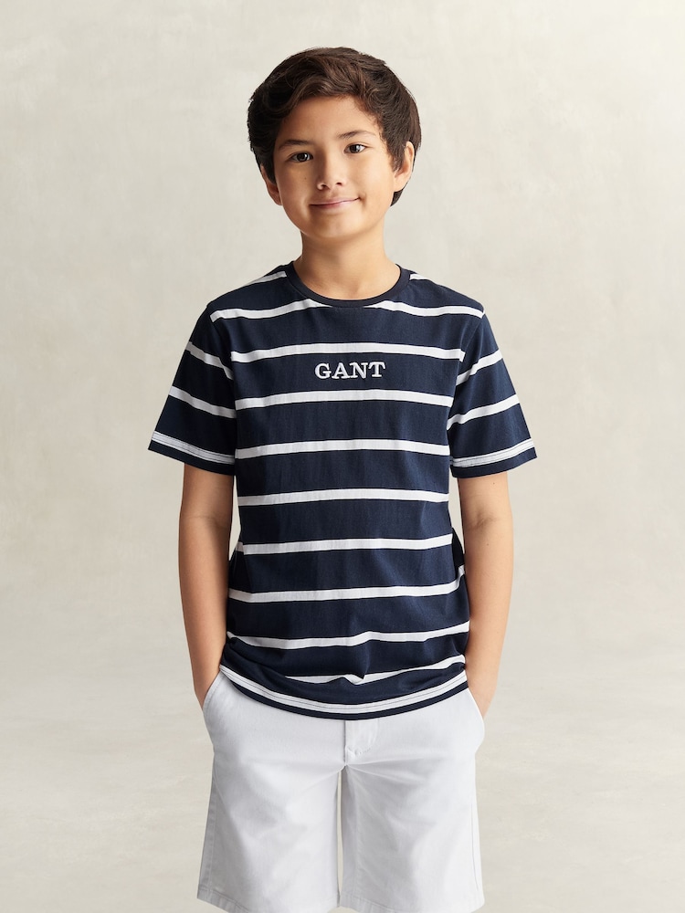 GANT Blue Graphic Stripe Short Sleeve T-Shirt - Image 1 of 4 GANT Blue Graphic Stripe Short Sleeve T-Shirt - Image 1 of 4