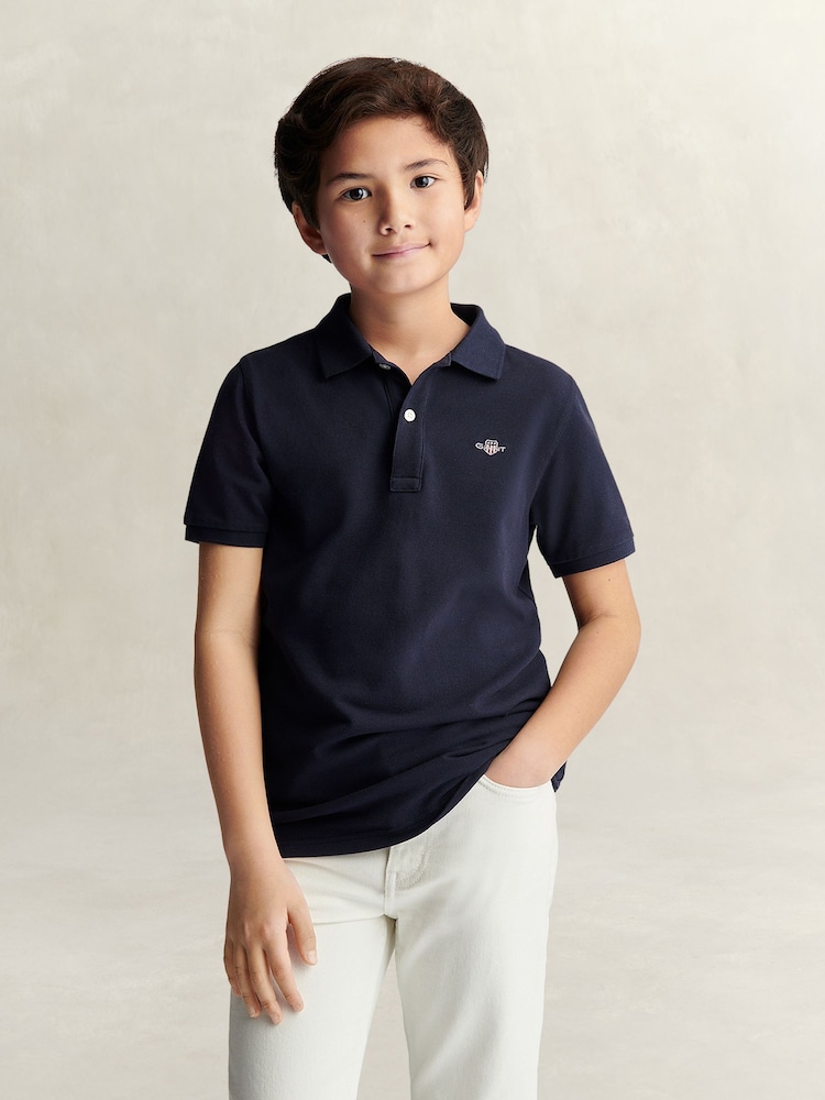 GANT Navy Blue Shield Pique Short Sleeve Polo Shirt - Image 1 of 6 GANT Navy Blue Shield Pique Short Sleeve Polo Shirt - Image 1 of 6