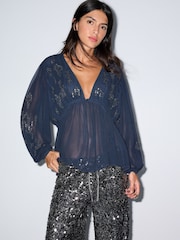 BHOEM Blue Sequin Embroidered V-Neck Chiffon Blouse - Image 1 of 5