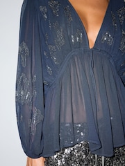 BHOEM Blue Sequin Embroidered V-Neck Chiffon Blouse - Image 2 of 5