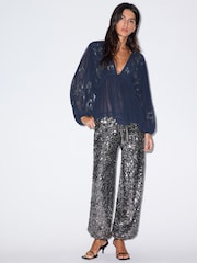 BHOEM Blue Sequin Embroidered V-Neck Chiffon Blouse - Image 3 of 5
