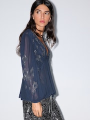 BHOEM Blue Sequin Embroidered V-Neck Chiffon Blouse - Image 4 of 5