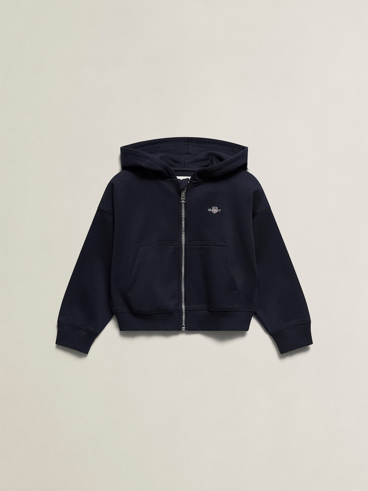 GANT Blue Shield Oversize Crop Zip Thru Hoodie - Image 1 of 2