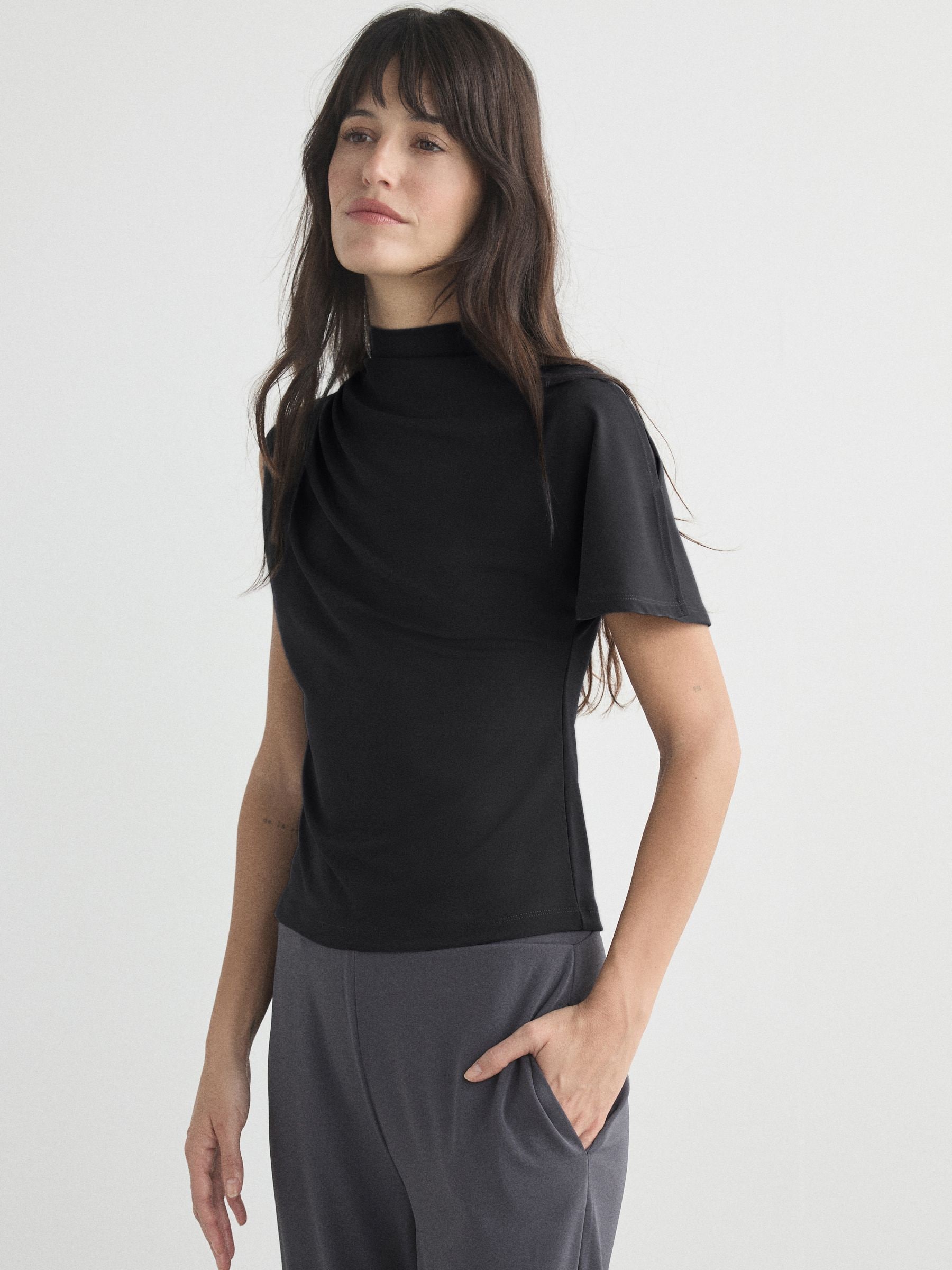 トップス S Buy Black Asymmetric Draped Short Sleeve Top from Next USA