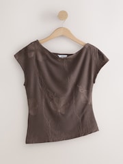 Chocolate Brown Short Sleeved Cornelli Drape Top - Image 6 of 8