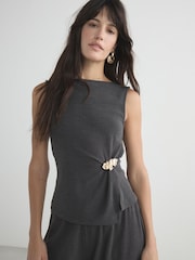 Charcoal Grey Sleeveless Slash Neck Hardware Top - Image 1 of 8