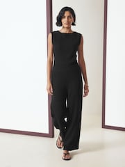 Black Ribbed Texture Wide Leg Trousers - Image 1 of 8