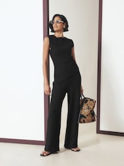 Black Ribbed Texture Wide Leg Trousers - Image 2 of 8