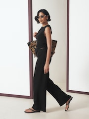 Black Ribbed Texture Wide Leg Trousers - Image 3 of 8