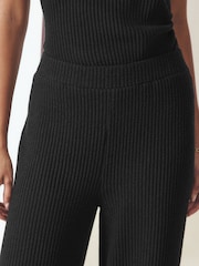 Black Ribbed Texture Wide Leg Trousers - Image 5 of 8