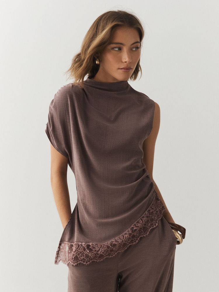 Mauve Purple Sleeveless Asymmetrical Lace Hem Top - Image 1 of 9 Mauve Purple Sleeveless Asymmetrical Lace Hem Top - Image 1 of 9