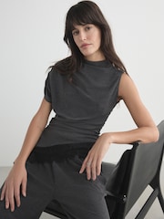 Charcoal Grey Sleeveless Asymmetrical Lace Hem Top - Image 1 of 8