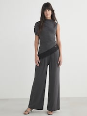 Charcoal Grey Sleeveless Asymmetrical Lace Hem Top - Image 2 of 8