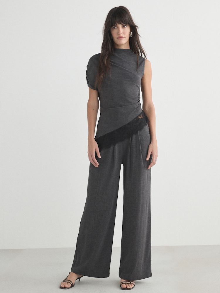 Charcoal Grey Sleeveless Asymmetrical Lace Hem Top - Image 2 of 8 Charcoal Grey Sleeveless Asymmetrical Lace Hem Top - Image 2 of 8