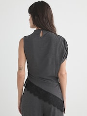 Charcoal Grey Sleeveless Asymmetrical Lace Hem Top - Image 3 of 8