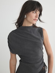Charcoal Grey Sleeveless Asymmetrical Lace Hem Top - Image 4 of 8