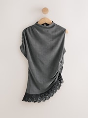 Charcoal Grey Sleeveless Asymmetrical Lace Hem Top - Image 6 of 8