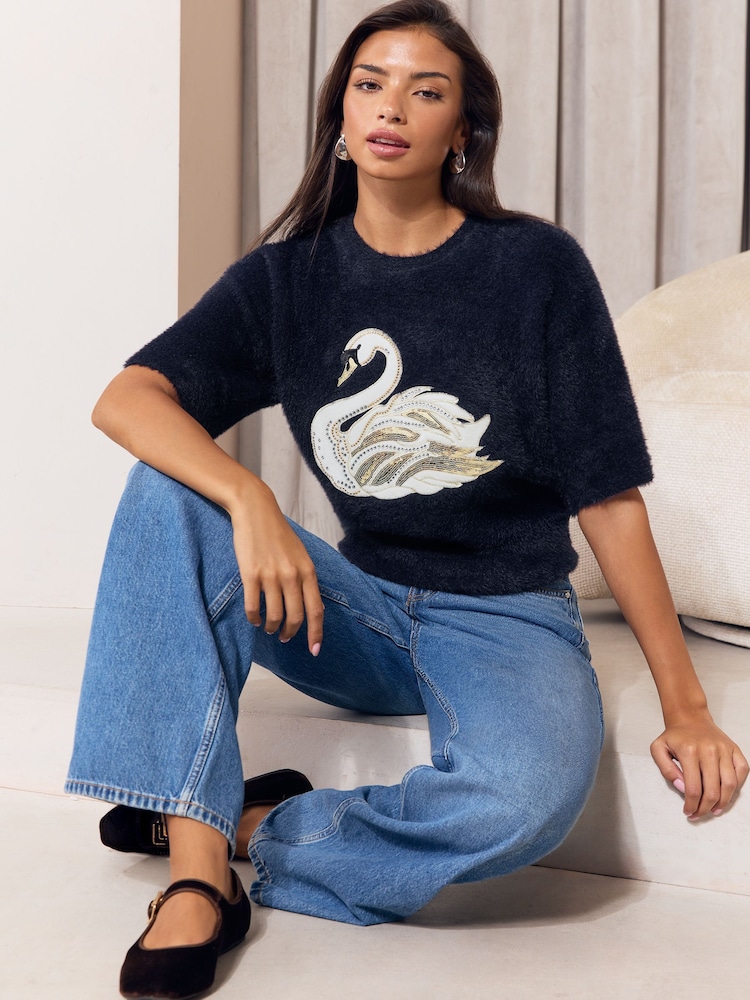 Navy Swan - Lipsy Christmas Fluffy Knitted Top - Bild 1 von 6